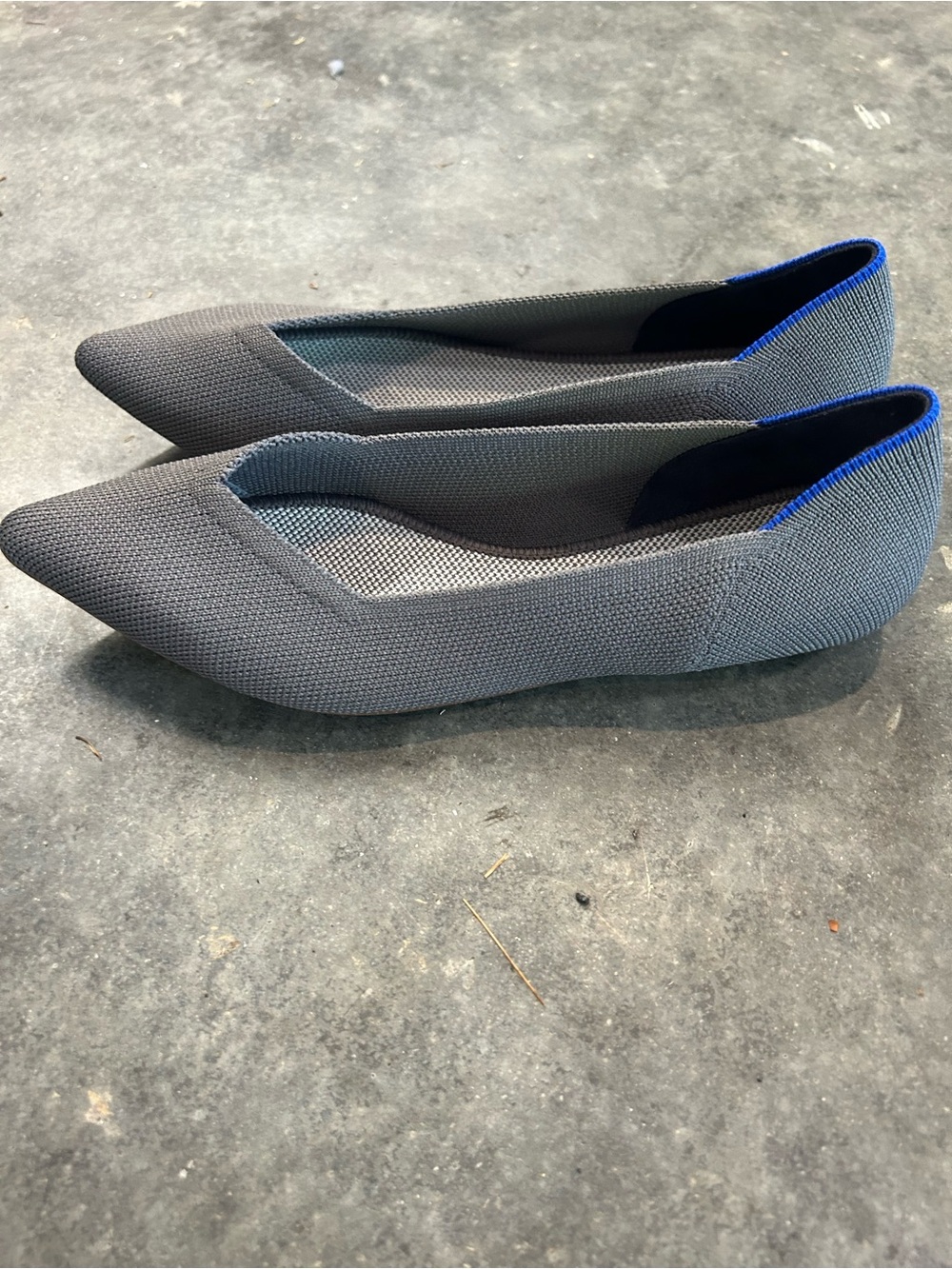 Rothy's Gray Pointed Knit Flats with Blue Heel Trim